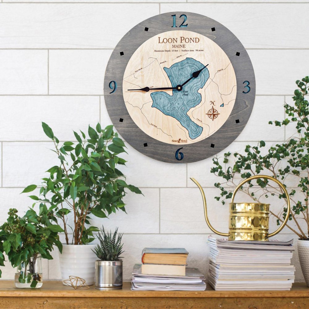Loon Pond Nautical Clock Driftwood Accent with Blue Green Water on Wall