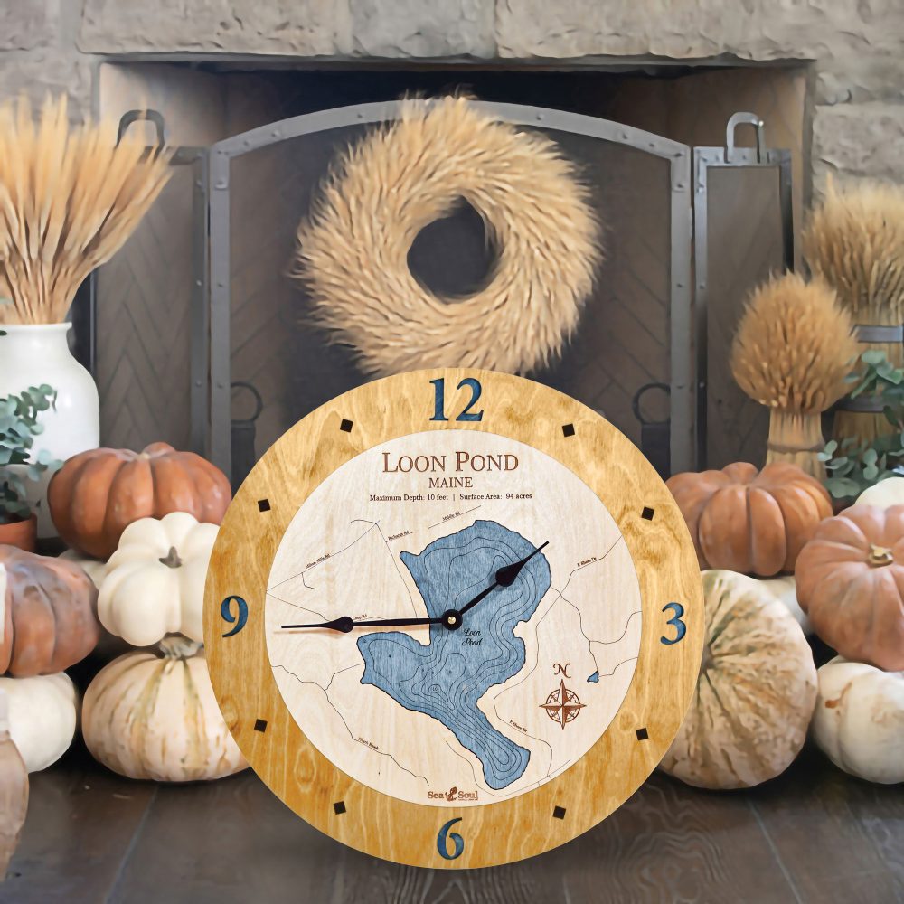 Loon Pond Nautical Clock Honey Accent with Deep Blue Water by Fireplace