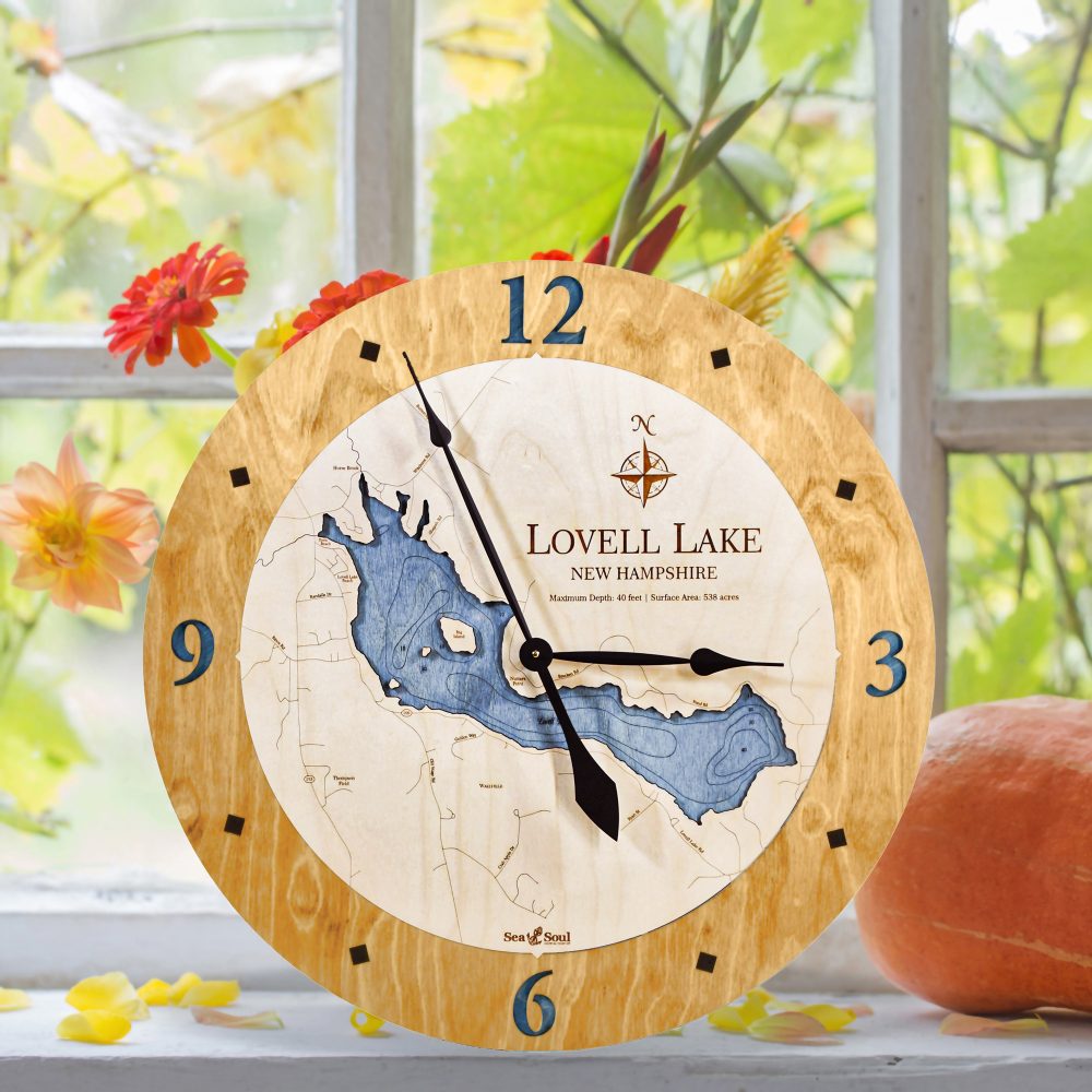 Lovell Lake Nautical Clock Honey Accent with Deep Blue Water on Windowsill with Pumpkin