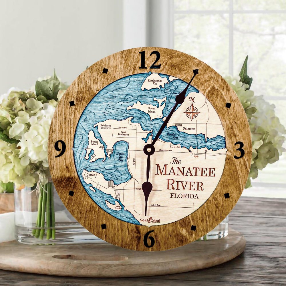 Manatee River Nautical Clock Americana Accent with Blue Green Water on Table with Flowers