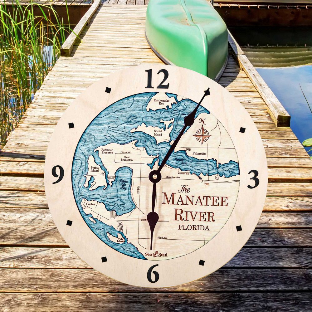 Manatee River Nautical Clock Birch Accent with Blue Green Water on Dock