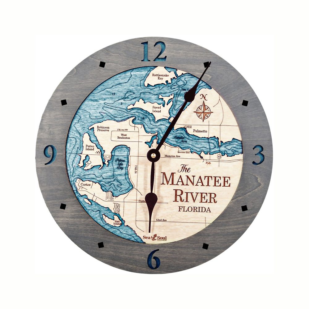 Manatee River Nautical Clock Driftwood Accent with Blue Green Water