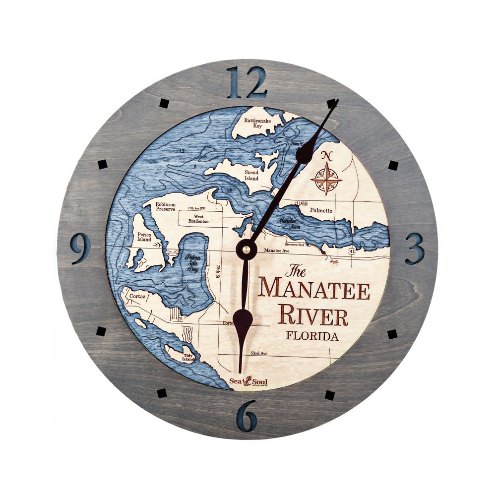 Manatee River Nautical Clock Driftwood Accent with Deep Blue Water