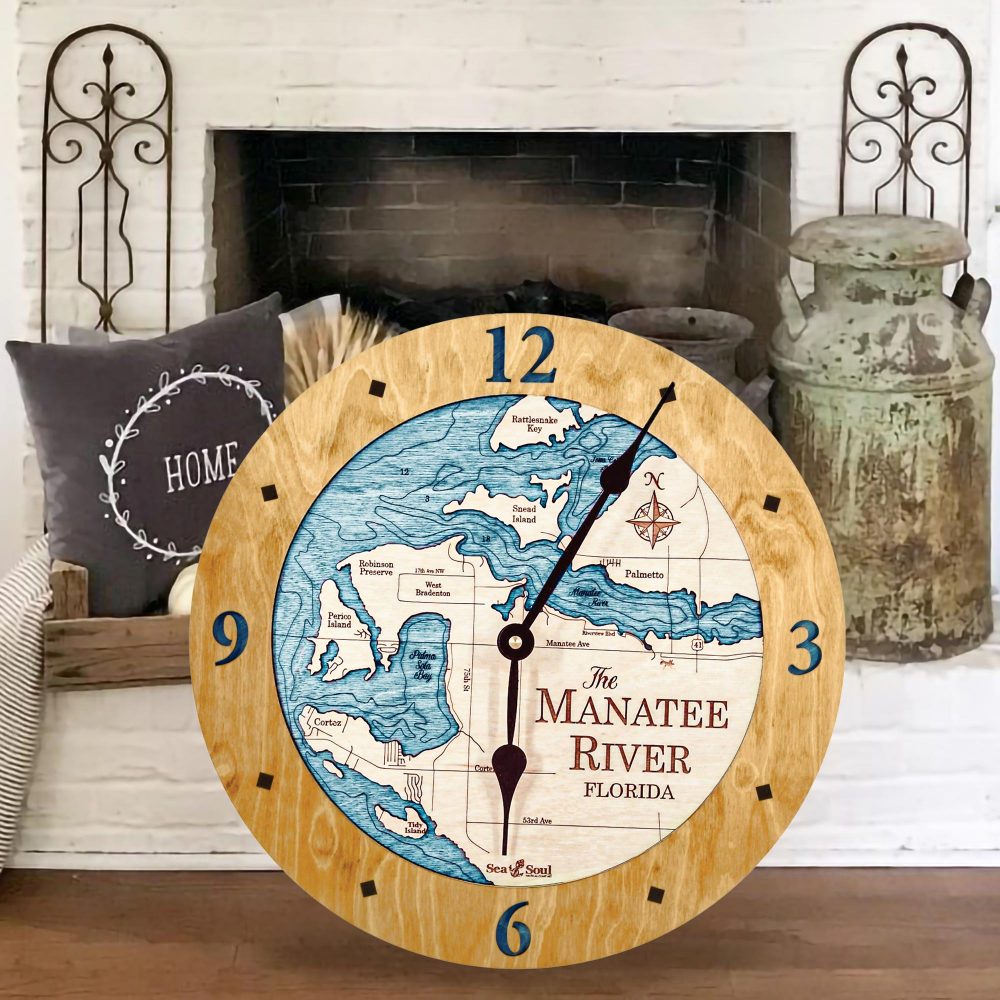 Manatee River Nautical Clock Honey Accent with Blue Green Water by Fireplace