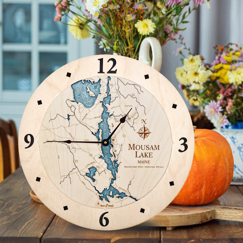 Mousam Lake Nautical Clock Birch Accent with Blue Green Water on Table with Pumpkin