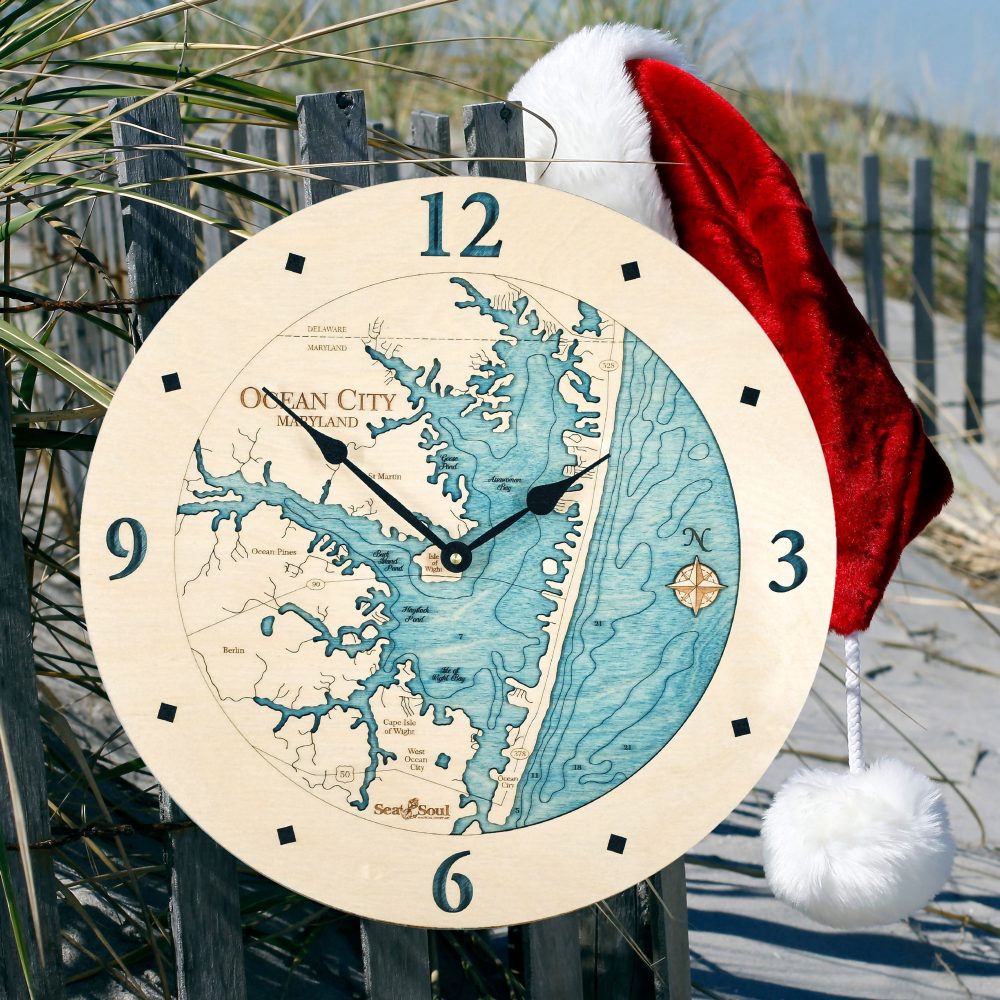 Ocean City Nautical Clock Birch Accent with Blue Green Water on Fence by Beach