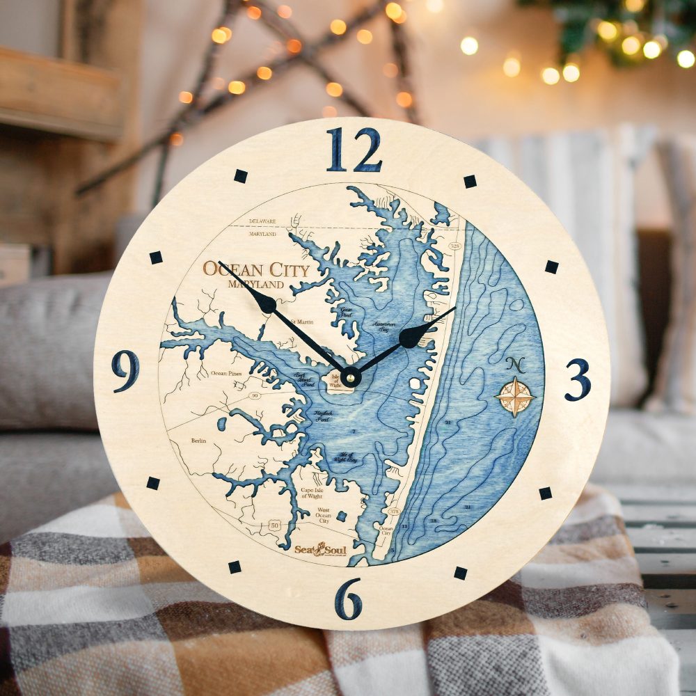 Ocean City Nautical Clock Birch Accent with Deep Blue Water on Table with Blanket