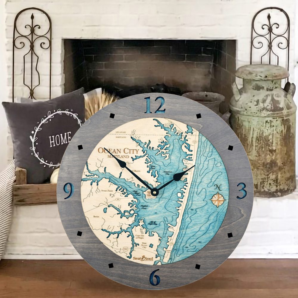 Ocean City Nautical Clock Driftwood Accent with Blue Green Water by Fireplace