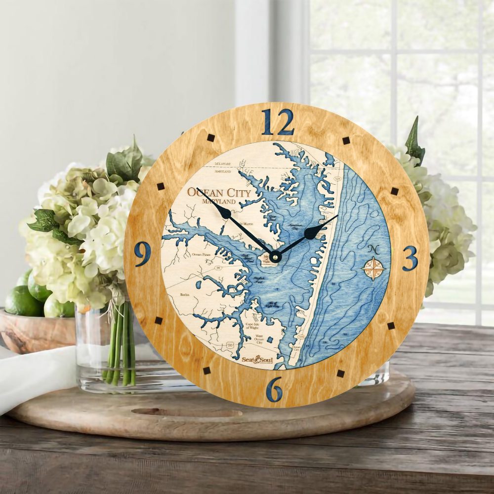 Ocean City Nautical Clock Honey Accent with Deep Blue Water on Table with Flowers