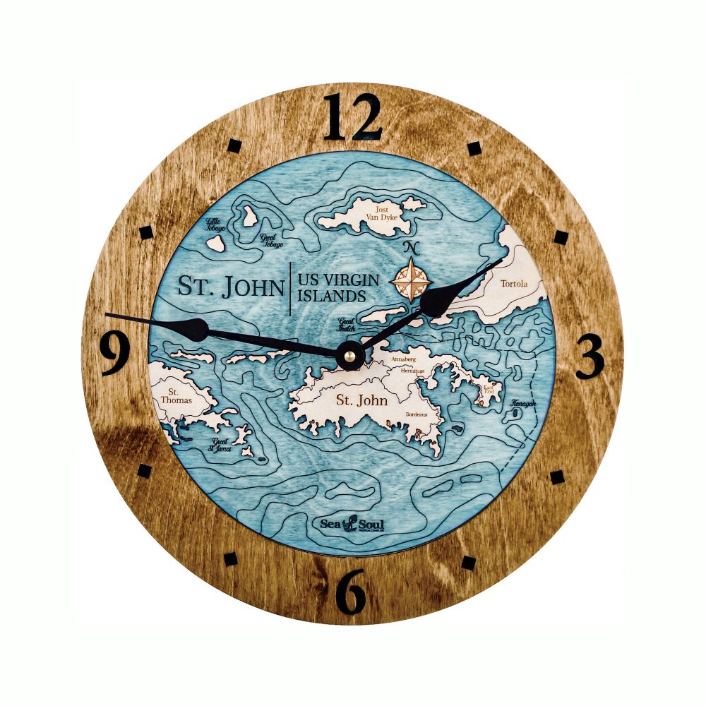 St. John Nautical Map Clock Americana Accent with Blue Green Water