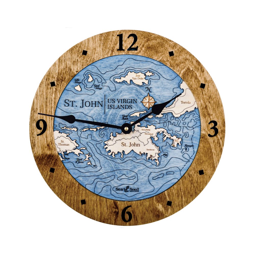 St. John Nautical Map Clock Americana Accent with Deep Blue Water