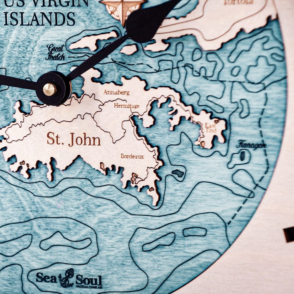 St. John Nautical Map Clock Birch Accent with Blue Green Water Detail Shot 2