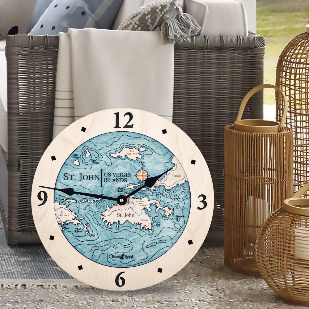 St. John Nautical Map Clock Birch Accent with Blue Green Water by Chair