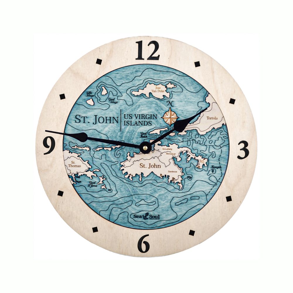 St. John Nautical Map Clock Birch Accent with Blue Green Water