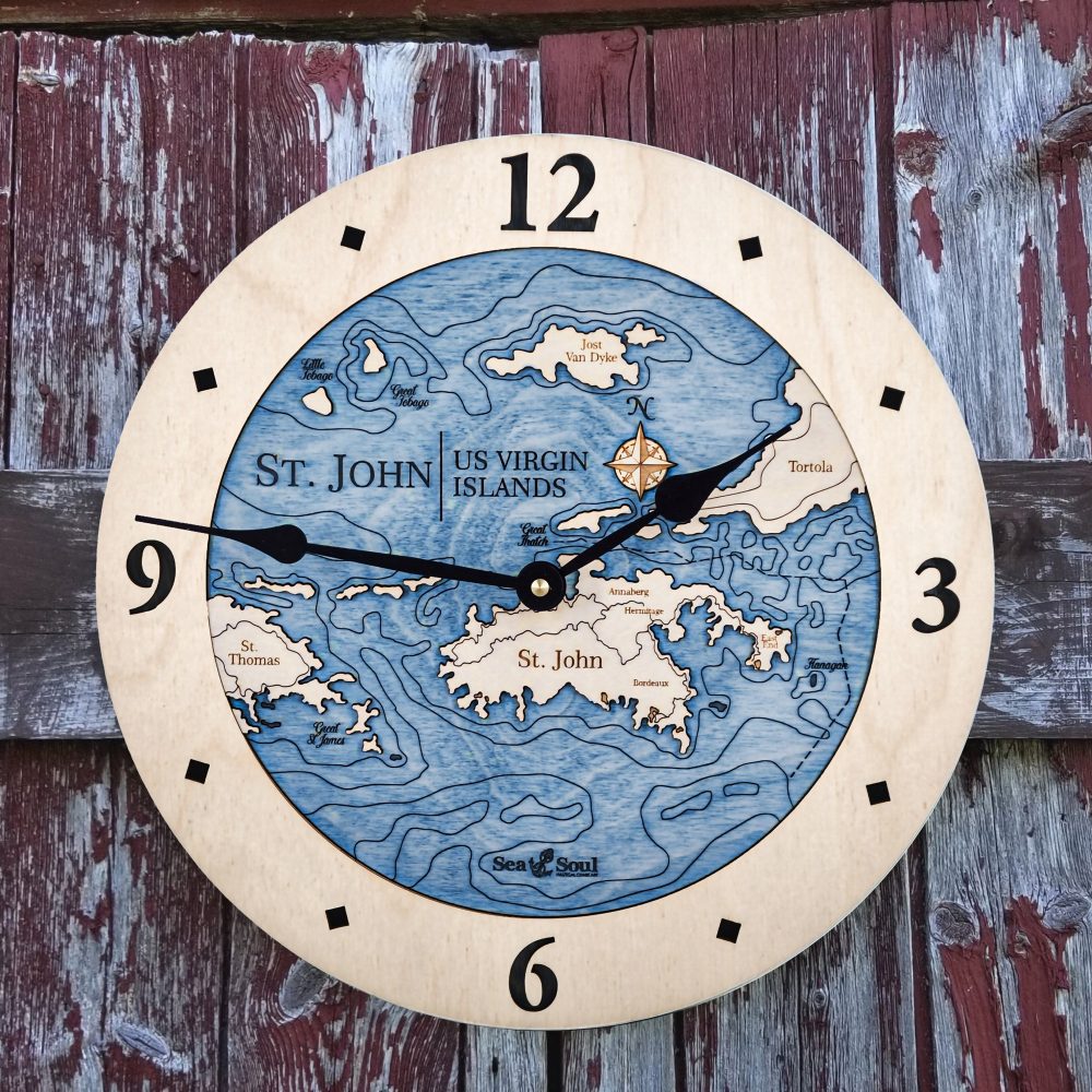 St. John Nautical Map Clock Birch Accent with Deep Blue Water on Fence