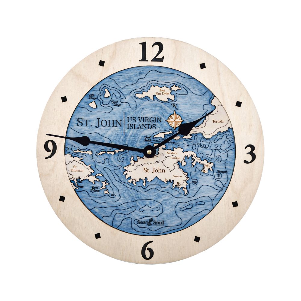 St. John Nautical Map Clock Birch Accent with Deep Blue Water