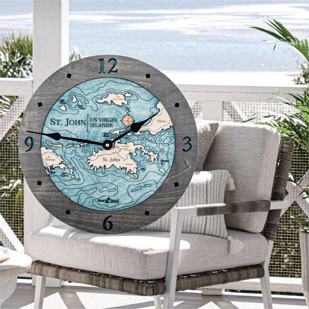 St. John Nautical Map Clock Driftwood Accent with Blue Green Water on Chair