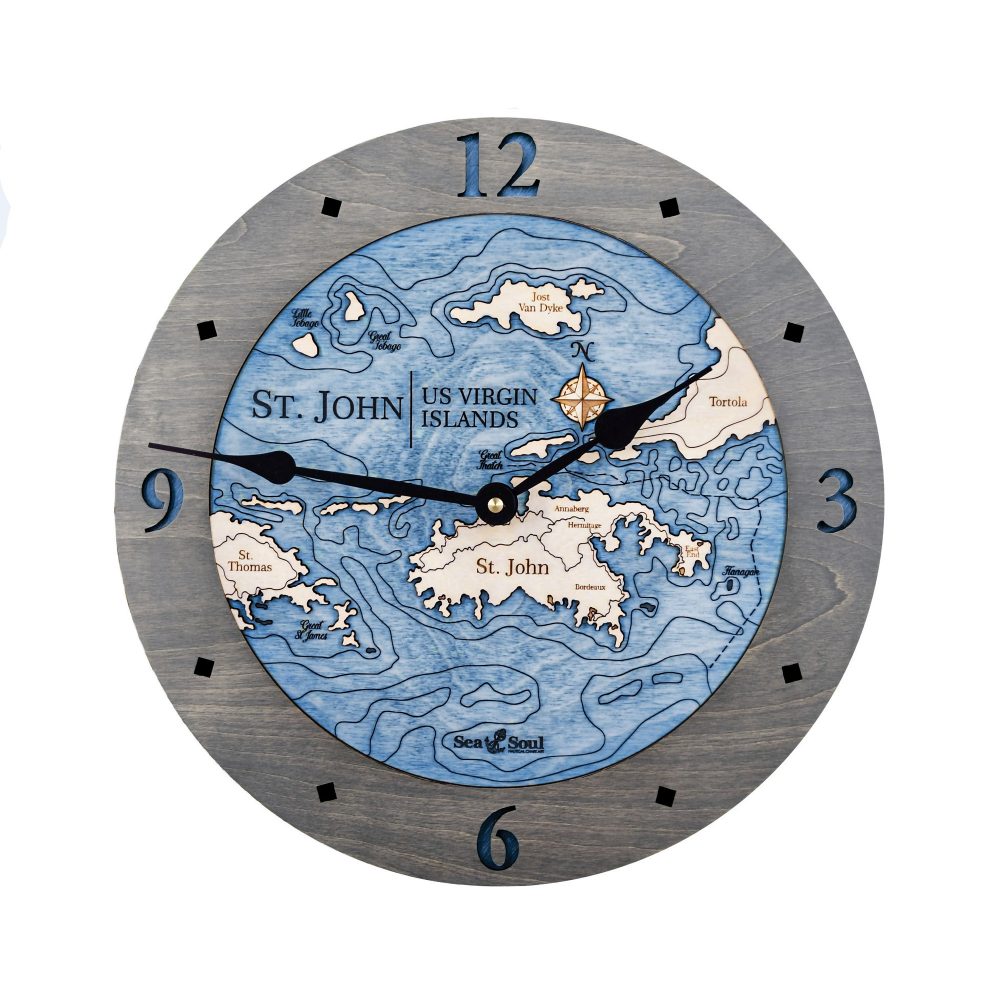 St. John Nautical Map Clock Driftwood Accent with Deep Blue Water