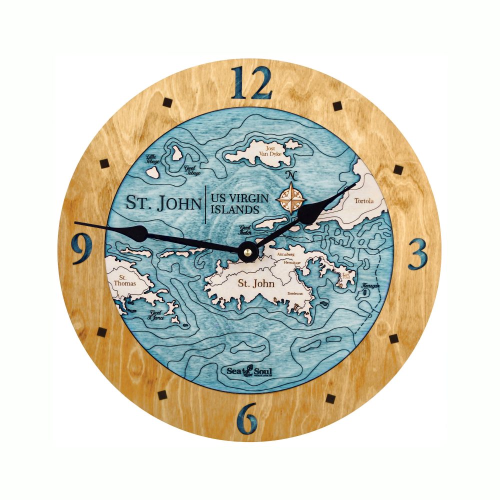 St. John Nautical Map Clock Honey Accent with Blue Green Water