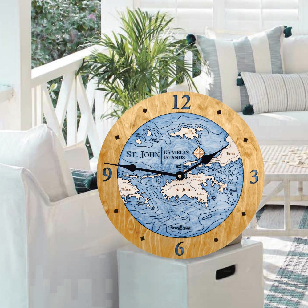 St. John Nautical Map Clock Honey Accent with Deep Blue Water on End Table