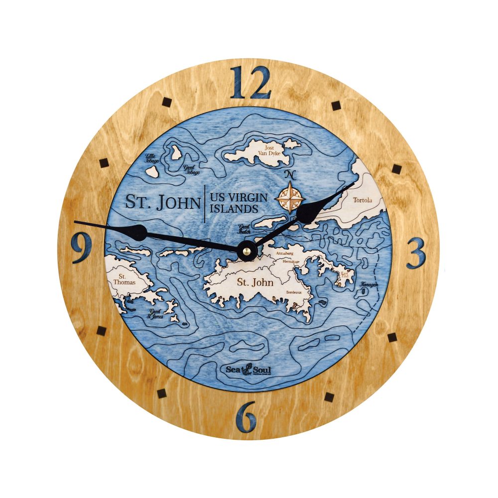 St. John Nautical Map Clock Honey Accent with Deep Blue Water