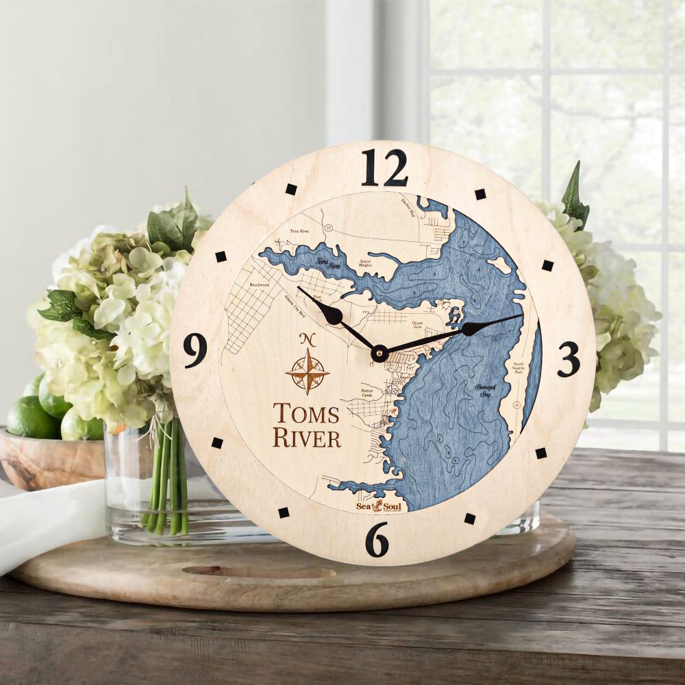 Toms River Nautical Clock Birch Accent with Deep Blue Water on Table with Flowers