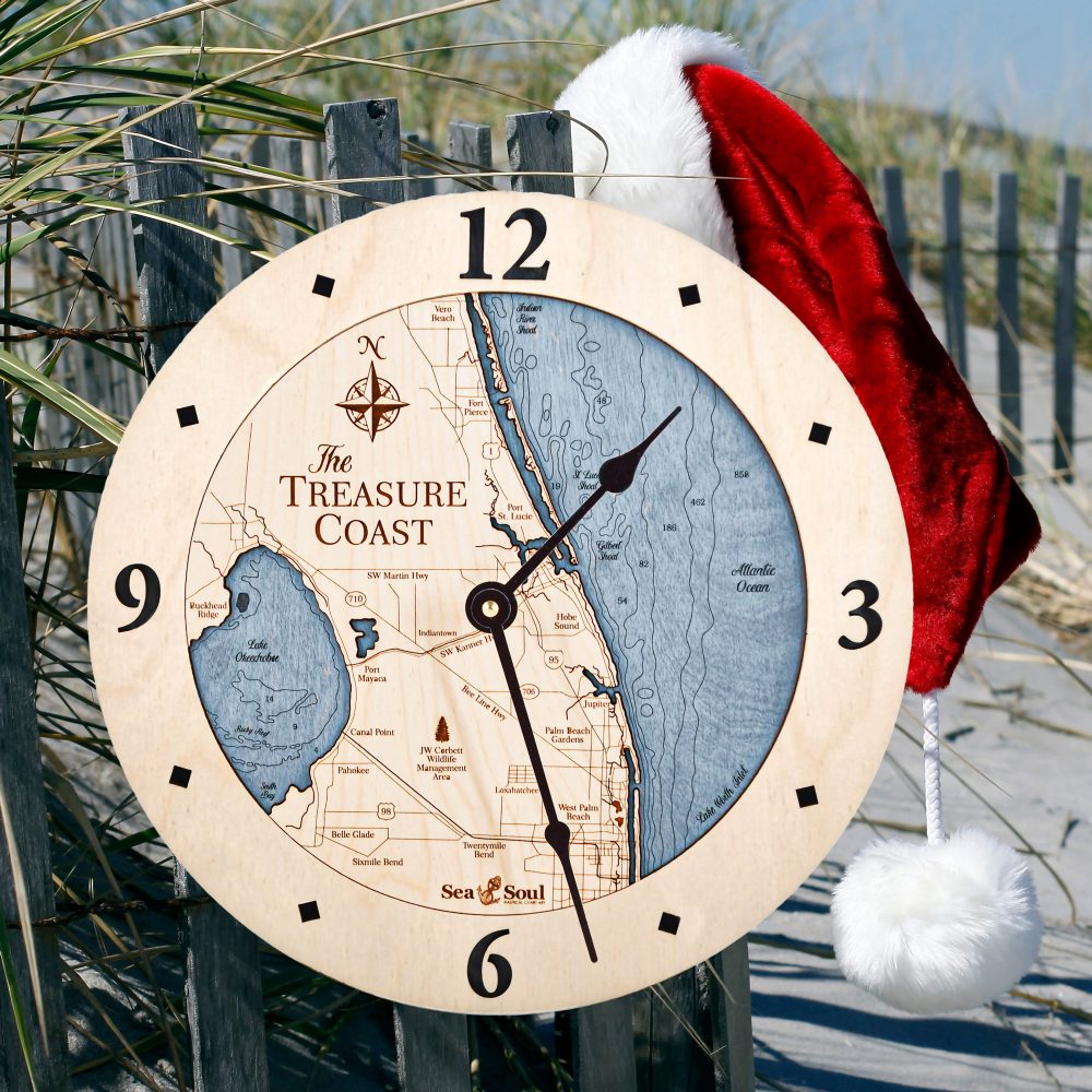 Treasure Coast Nautical Clock Birch Accent with Deep Blue Water on Fence by Beach