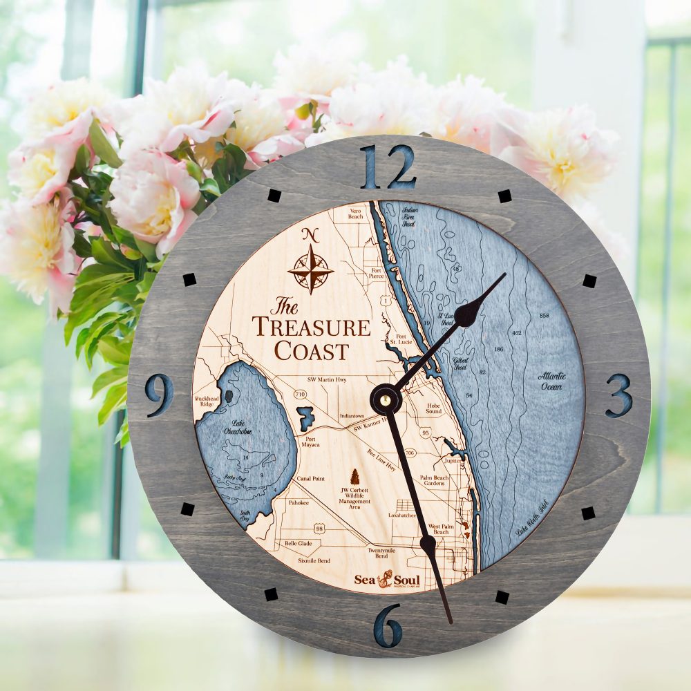 Treasure Coast Nautical Clock Driftwood Accent with Deep Blue Water on Table with Flowers