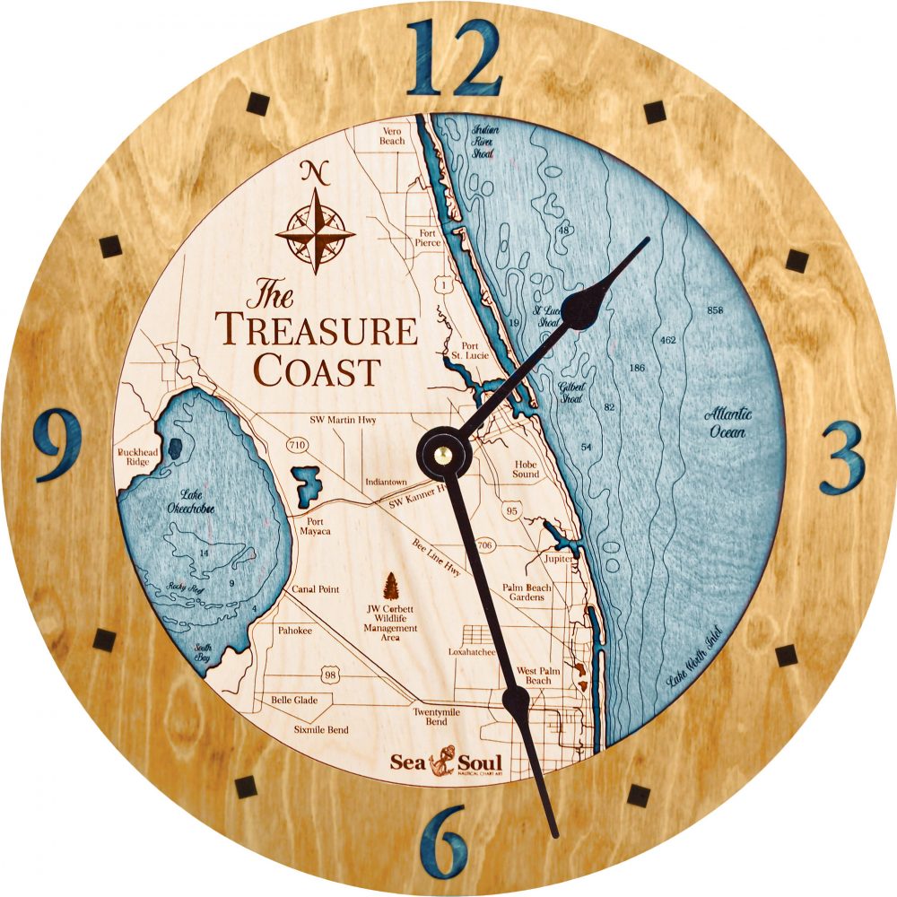 Treasure Coast Nautical Clock Honey Accent with Blue Green Water Product Shot