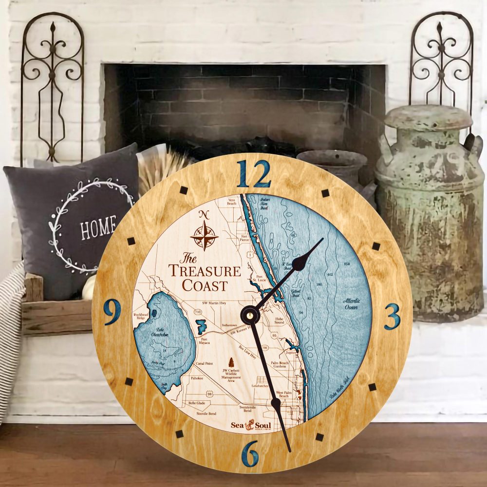 Treasure Coast Nautical Clock Honey Accent with Blue Green Water by Fireplace