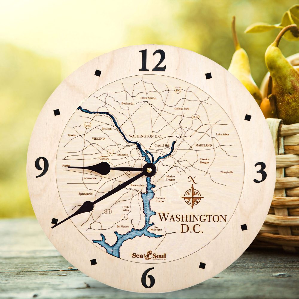 Washington DC Nautical Clock Birch Accent with Blue Green Water on Table with Basket of Pears