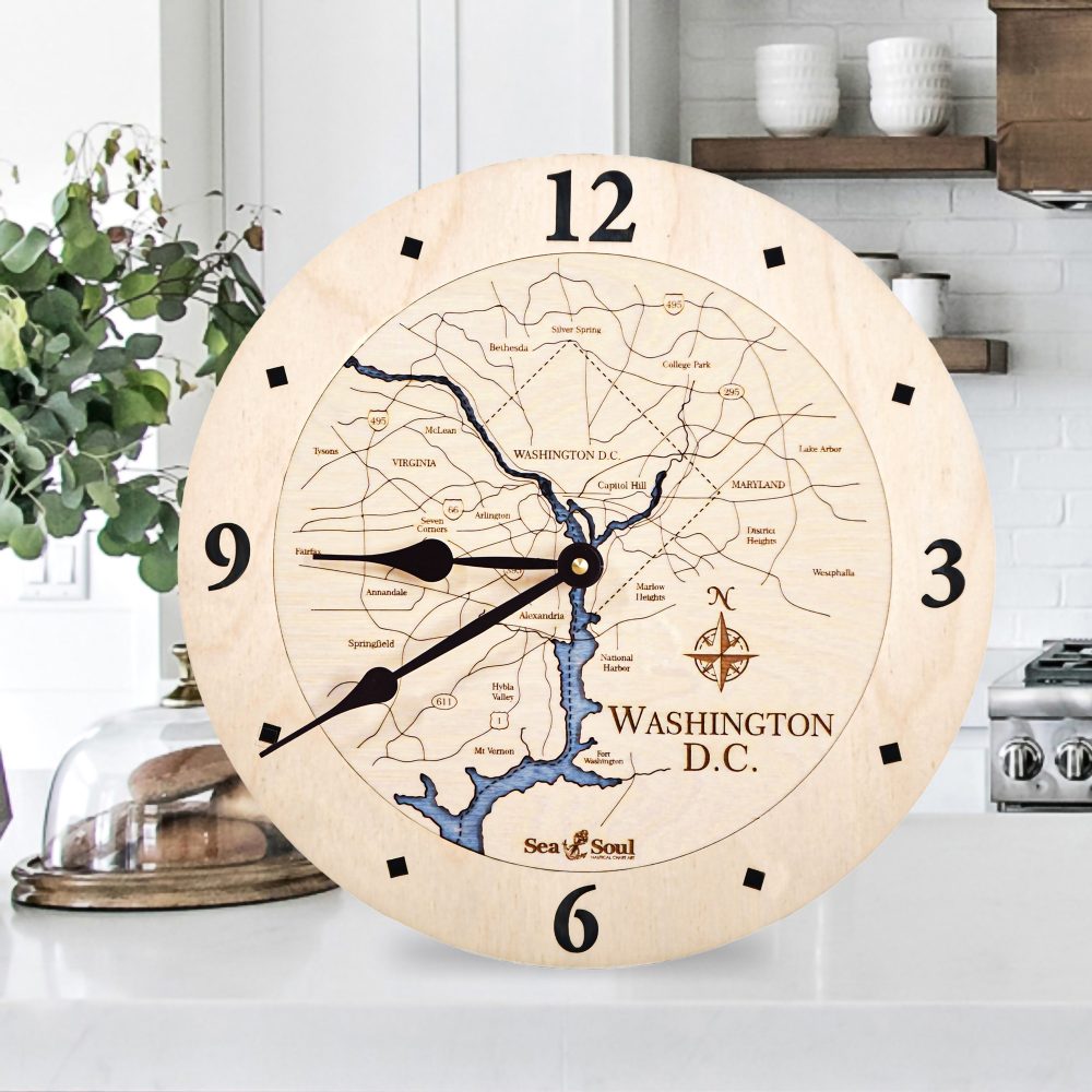 Washington DC Nautical Clock Birch Accent with Deep Blue Water on Countertop