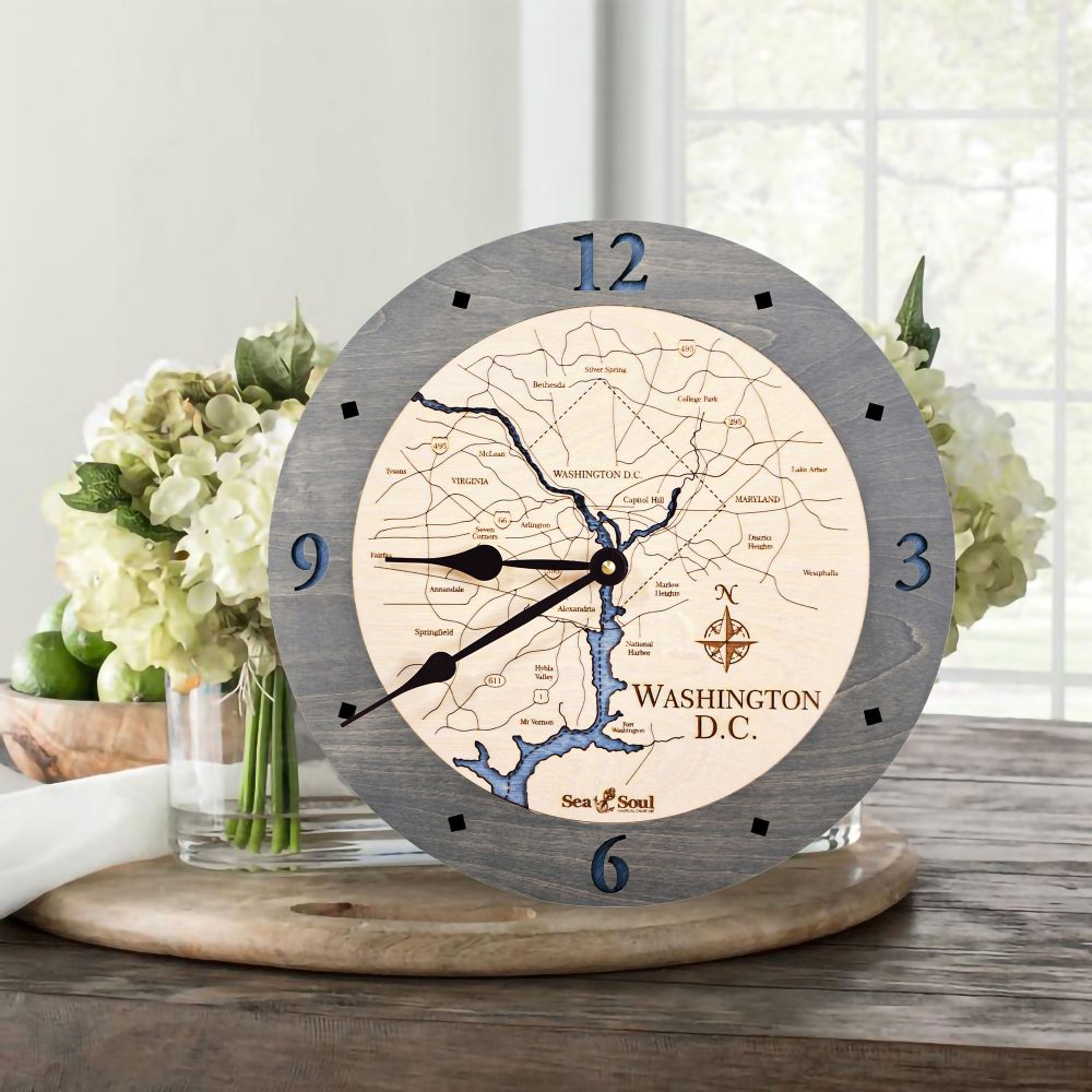 Washington DC Nautical Clock Driftwood Accent with Deep Blue Water on Table with Flowers