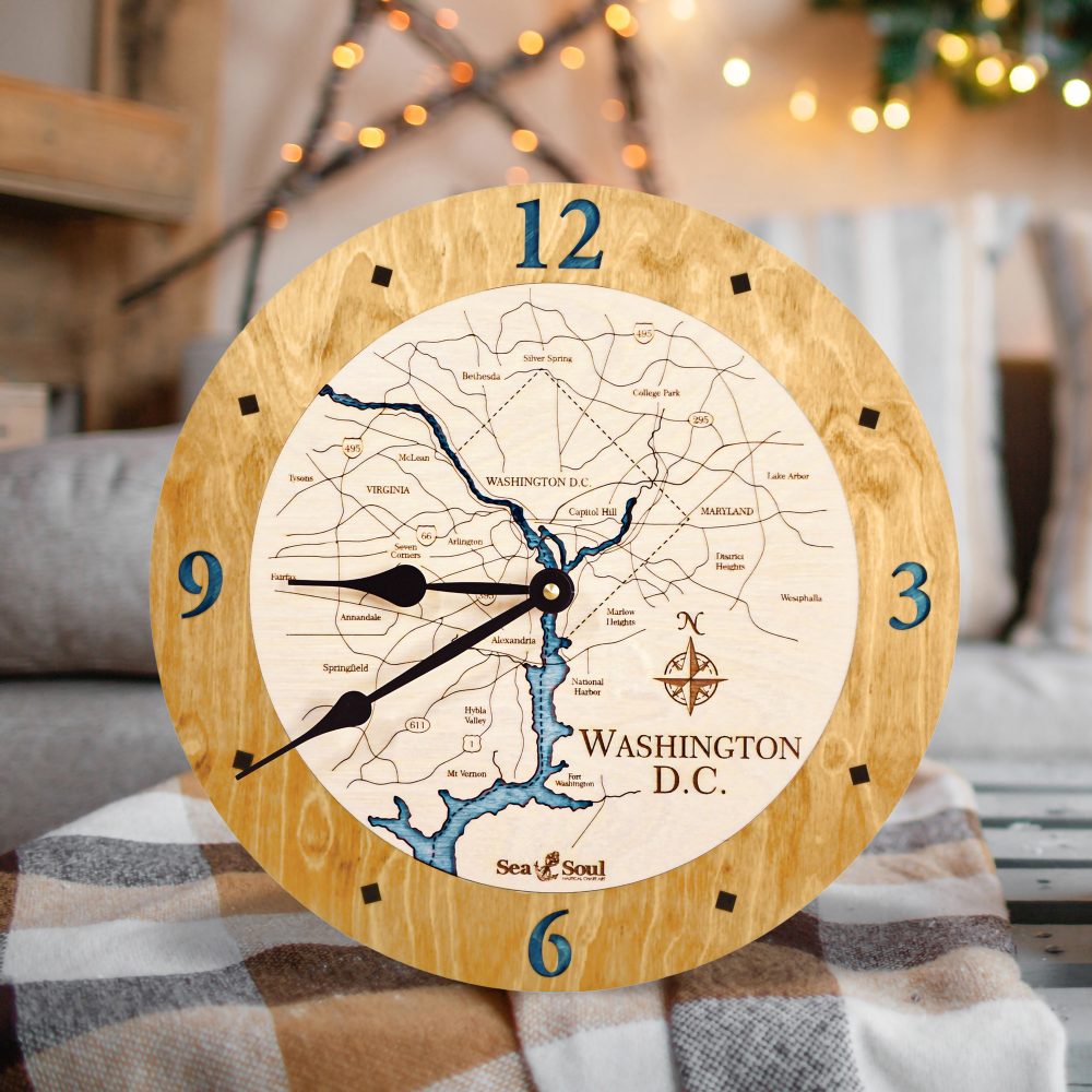 Washington DC Nautical Clock Honey Accent with Blue Green Water on Table with Blanket