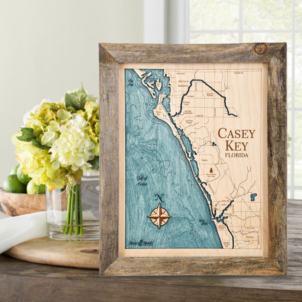 Casey Key Wall Art Rustic Pine Accent with Blue Green Water on Table with Flowers