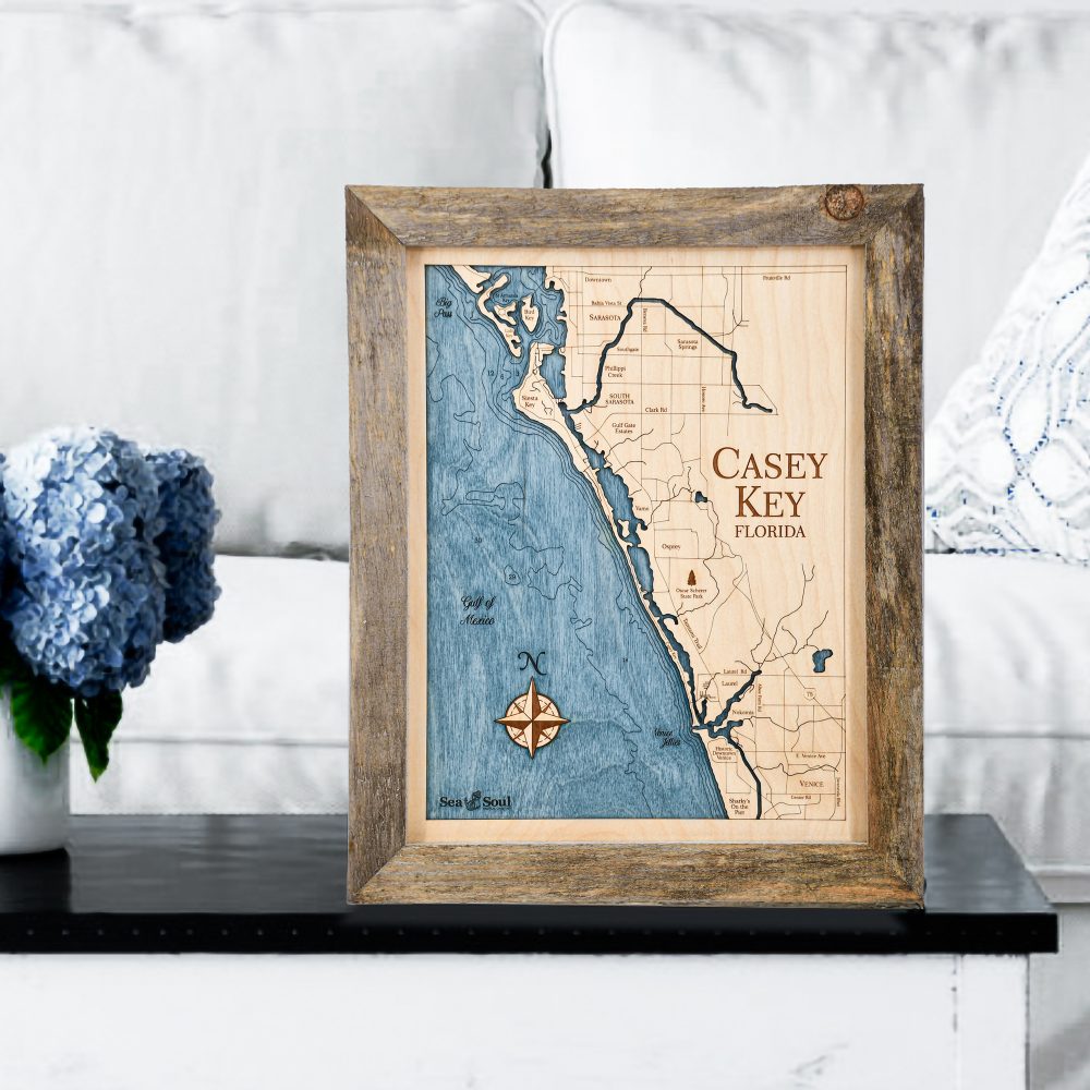 Casey Key Wall Art Rustic Pine Accent with Deep Blue Water on Coffee Table