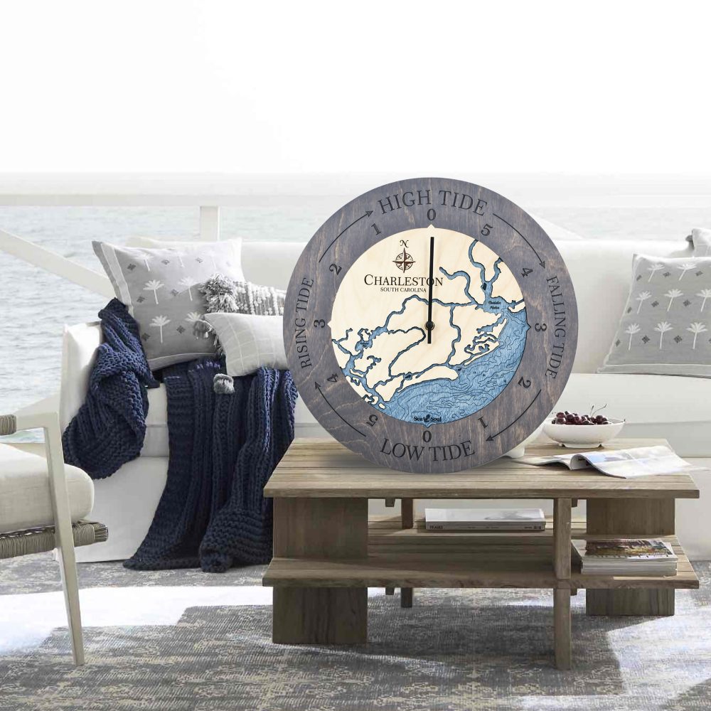 South Carolina Coast Tide Clock - Charleston - driftwood and deep blue
