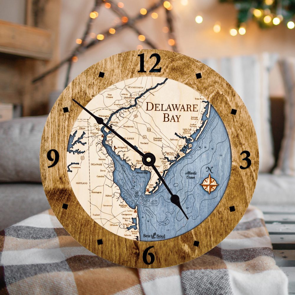 Delaware Bay Nautical Clock Americana Accent with Deep Blue Water on Table with Blanket