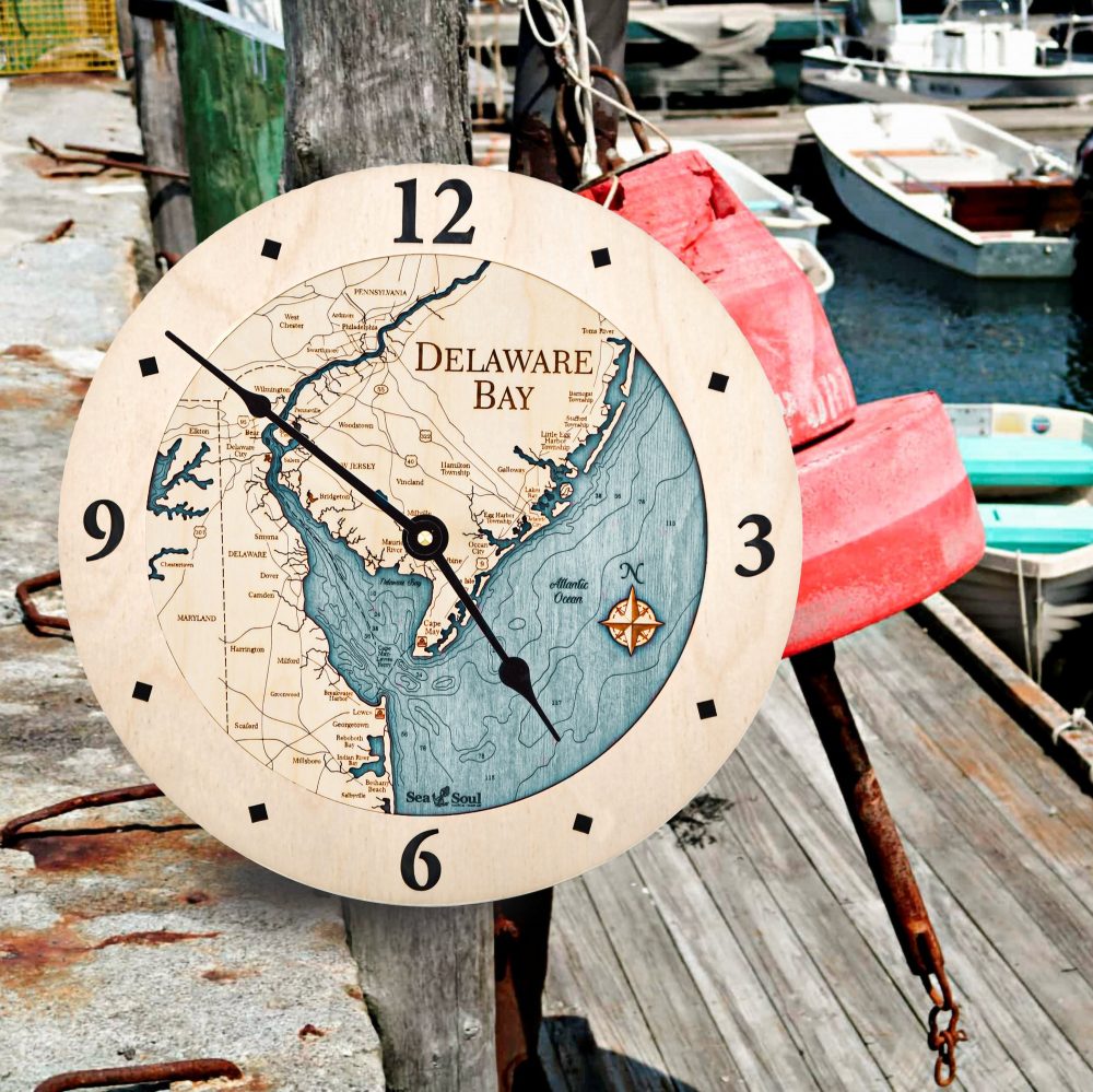 Delaware Bay Nautical Clock Birch Accent with Blue Green Water on Dock