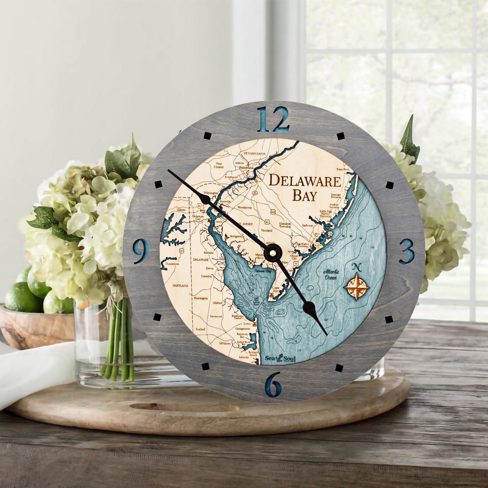 Delaware Bay Nautical Clock Driftwood Accent with Blue Green Water on Table with Flowers