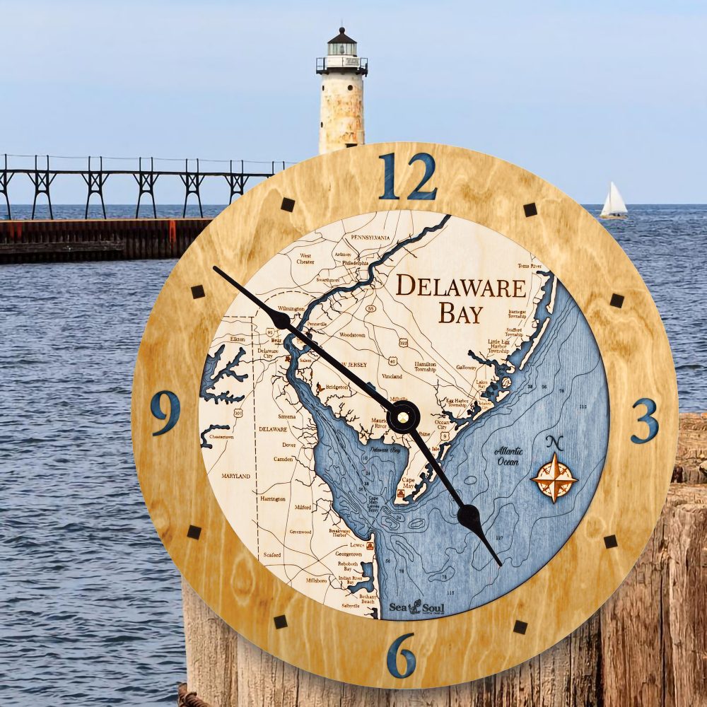 Delaware Bay Nautical Clock Birch Accent with Deep Blue Water by Waterfront with Lighthouse