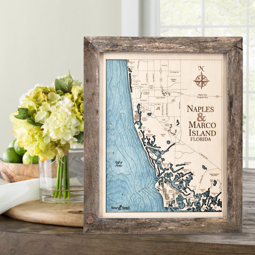 Naples and Marco Island Wall Art Rustic Pine Accent with Blue Green Water on Table with Flowers