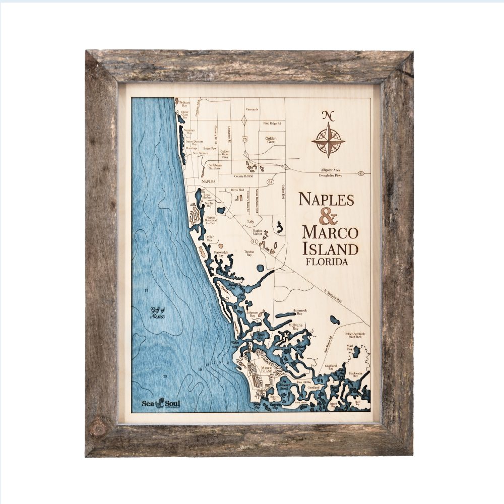 Naples and Marco Island Wall Art Rustic Pine Accent with Deep Blue Water