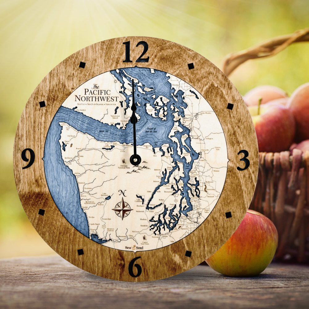 Pacific Northwest Nautical Clock Americana Accent with Deep Blue Water on Table with Basket of Apples