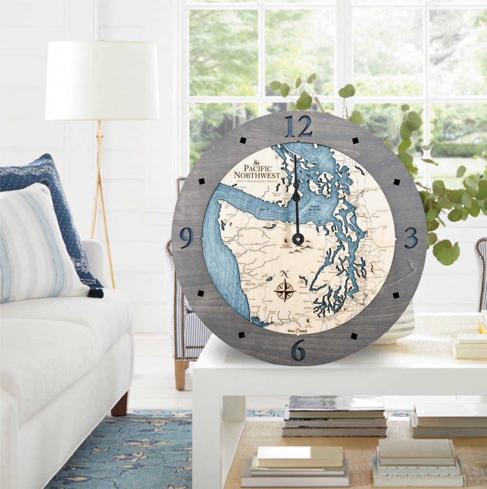 Pacific Northwest Nautical Clock Driftwood Accent with Blue Green Water on Table