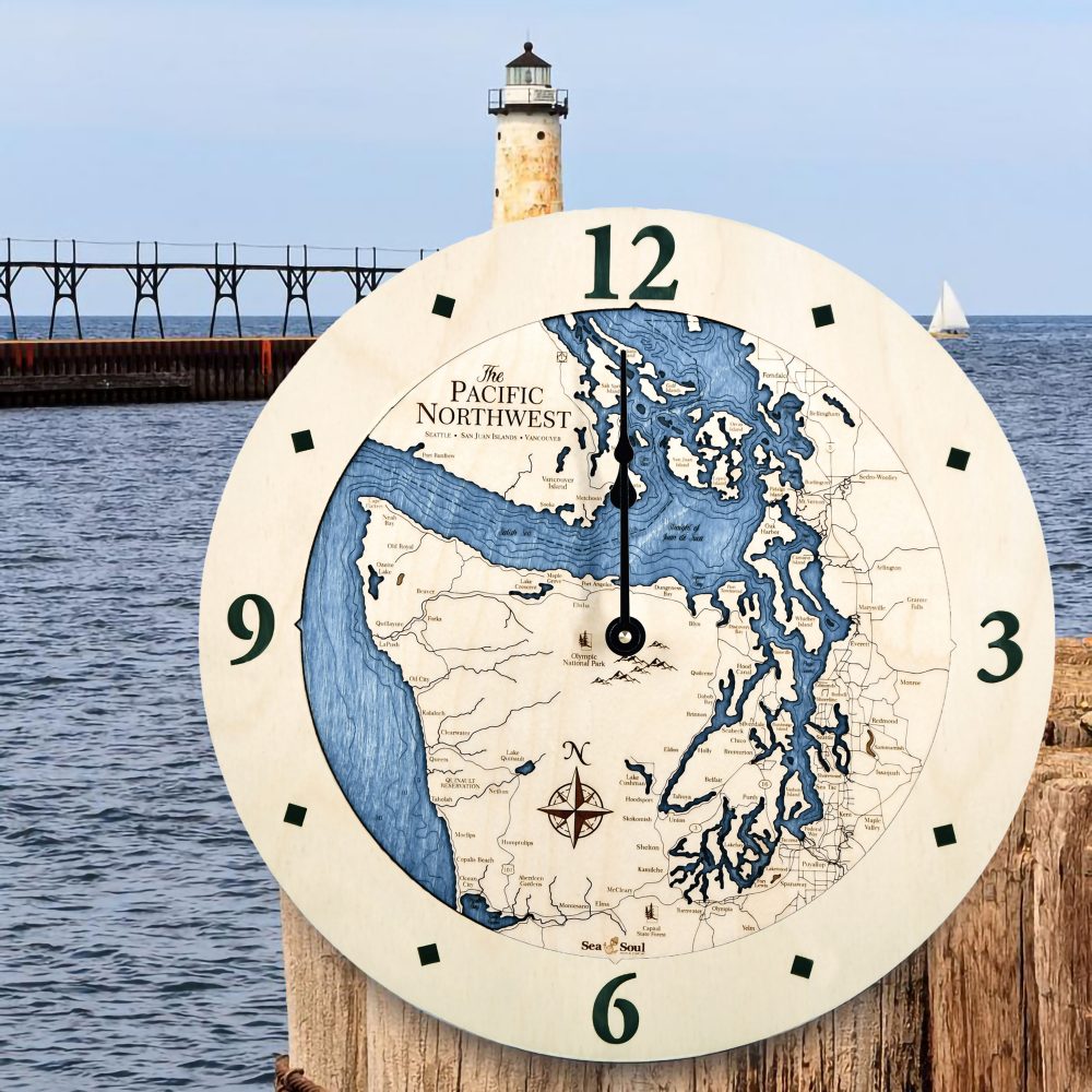 Pacific Northwest Nautical Clock Birch Accent with Deep Blue Water by Waterfront with Lighthouse