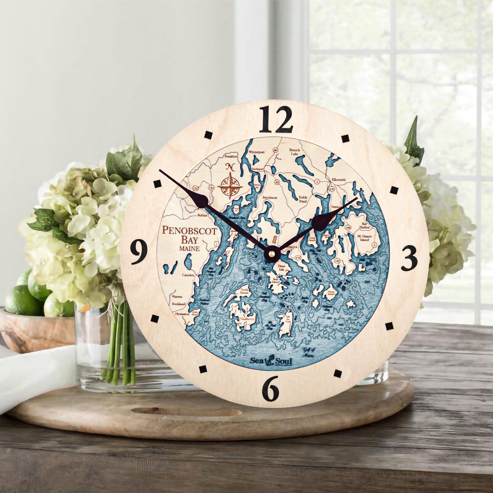 Penobscot Bay Nautical Clock Birch Accent with Blue Green Water on Table with Flowers