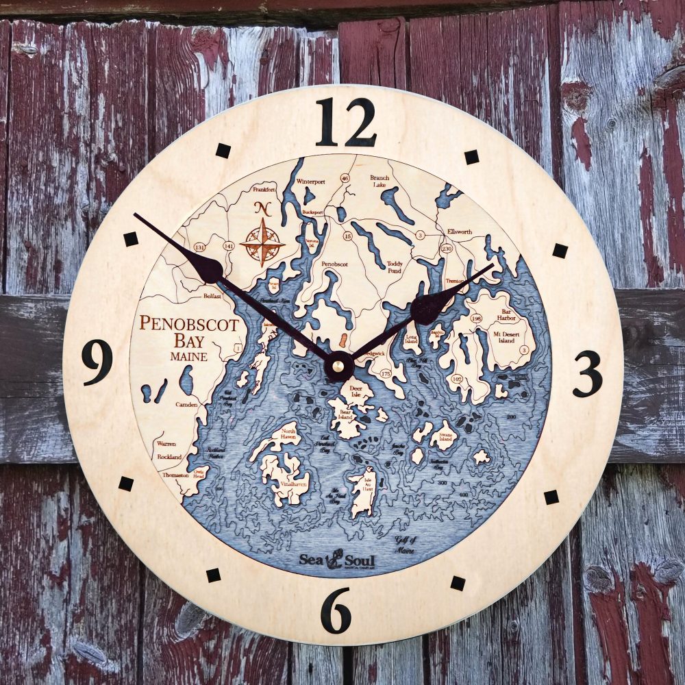 Penobscot Bay Nautical Clock Birch Accent with Deep Blue Water on Fence