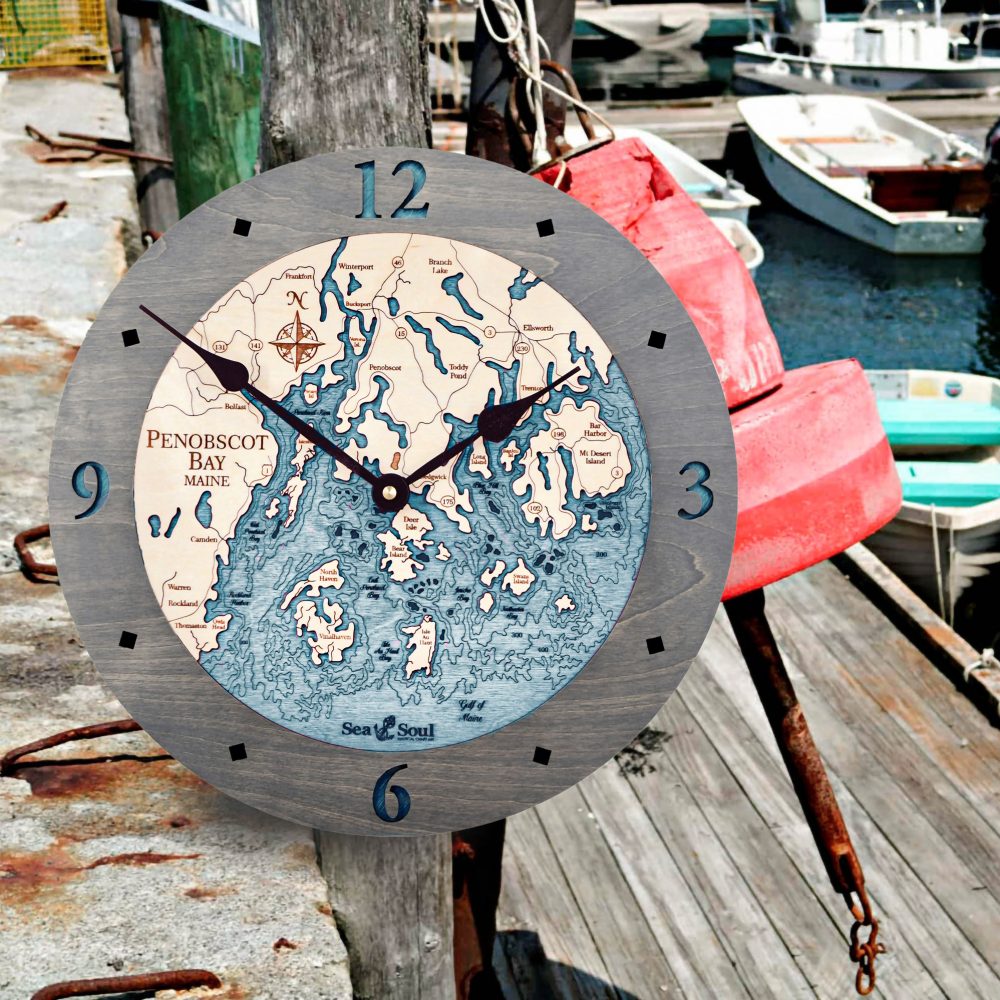 Penobscot Nautical Clock Driftwood Accent with Blue Green Water by Dock