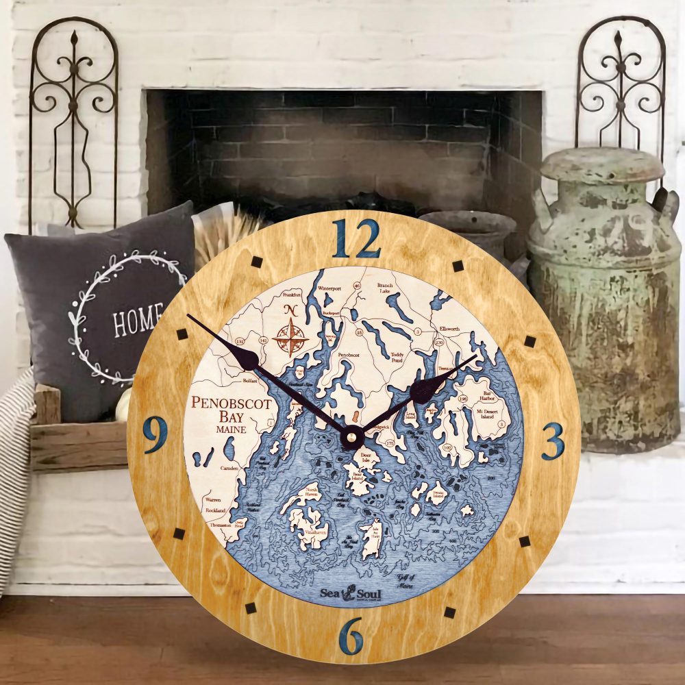Penobscot Nautical Clock Honey Accent with Deep Blue Water by Fireplace